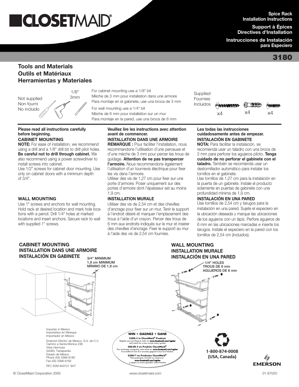 Not supplied non fourni no incluido, 1/8" 3mm | Closet Maid 11" Wide Single Tray Slider 3168 User Manual | Page 3 / 3