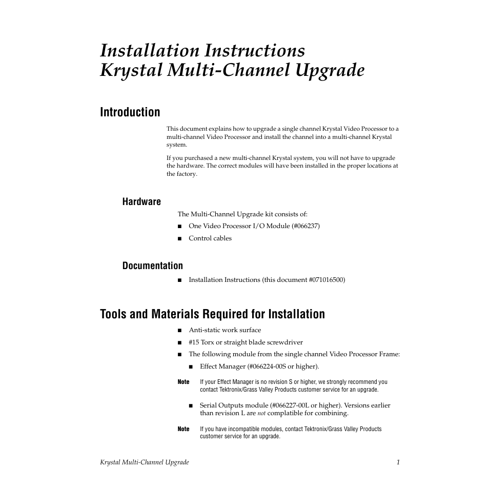 Introduction, Hardware, Documentation | Tools and materials required for installation | Grass Valley Krystal Multi-Channel User Manual | Page 3 / 7