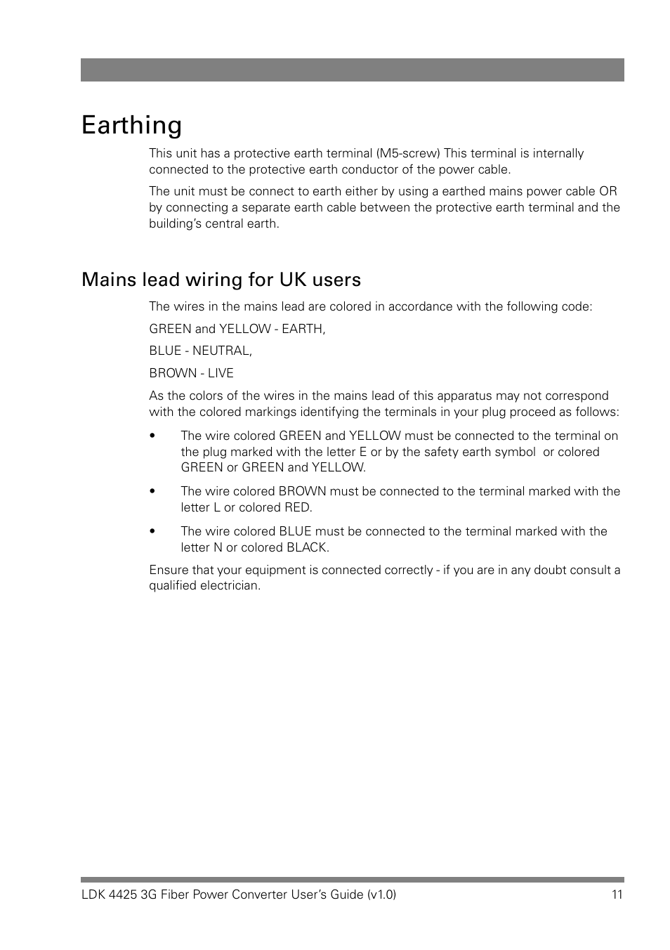 Earthing, Mains lead wiring for uk users | Grass Valley LDK 4425 User Manual | Page 11 / 24