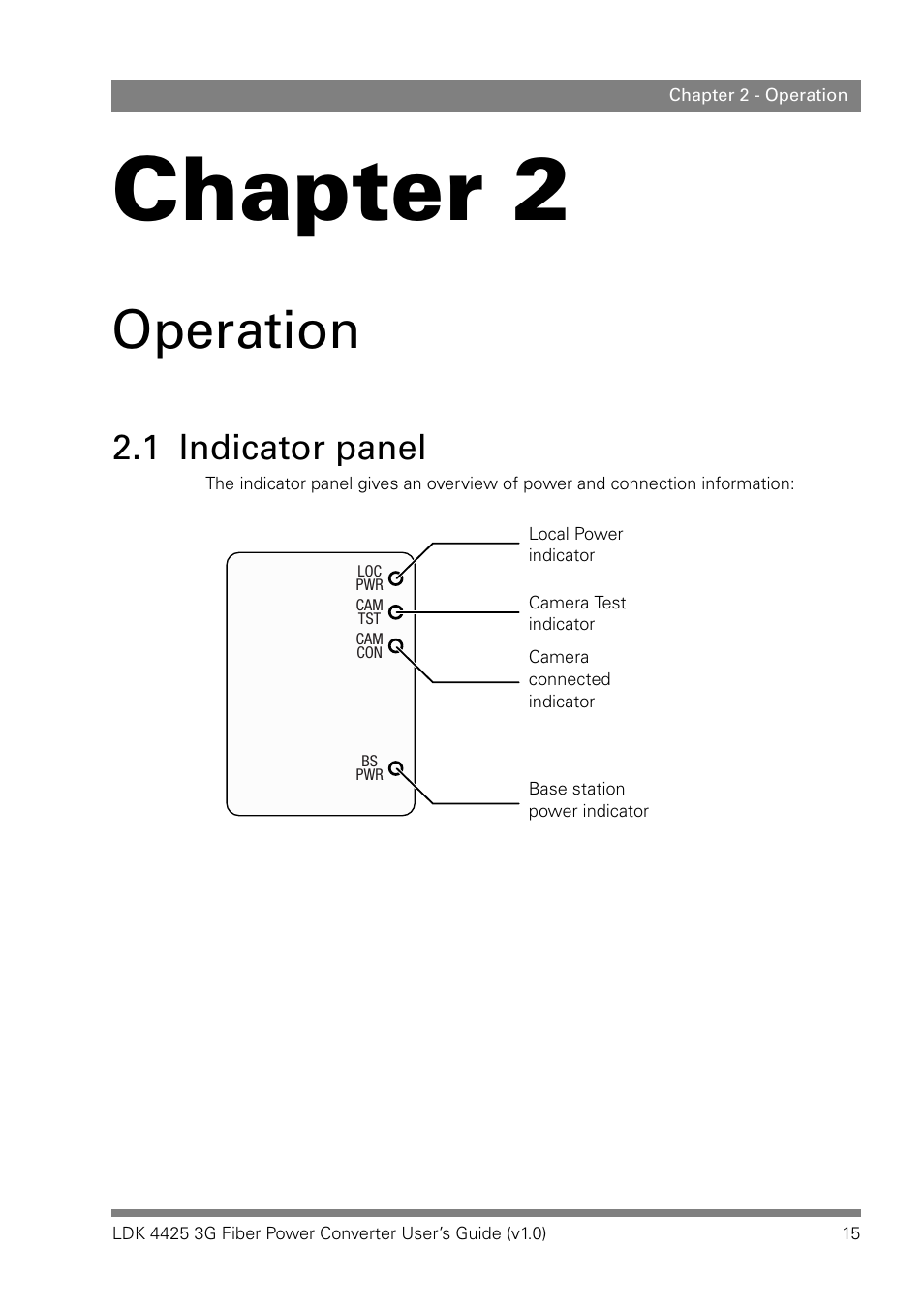Operation, 1 indicator panel, Chapter 2 – operation | Indicator panel, Chapter 2 | Grass Valley LDK 4425 User Manual | Page 15 / 24