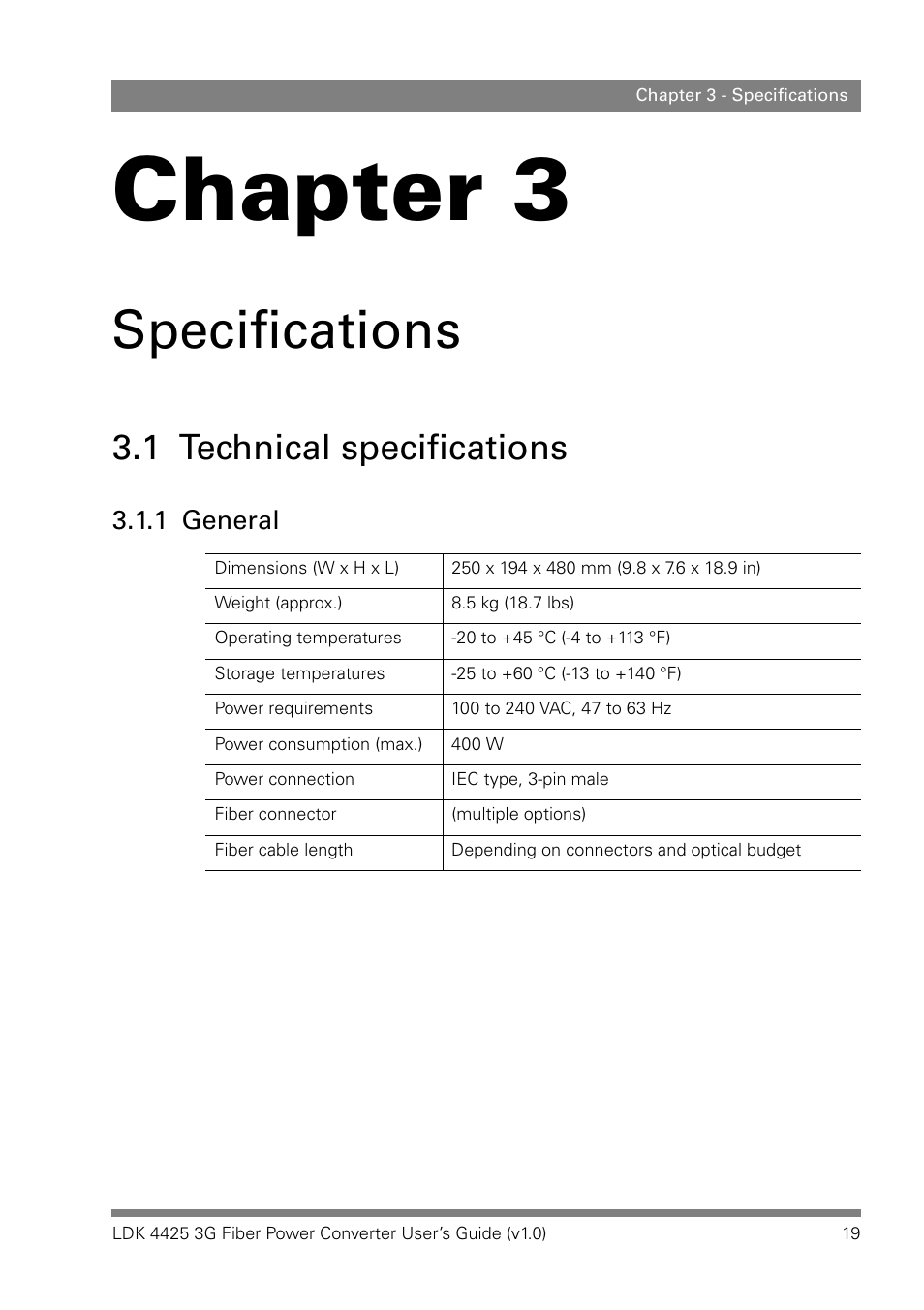 Specifications, 1 technical specifications, 1 general | Chapter 3 – specifications, Technical specifications 3.1.1, General, Chapter 3 | Grass Valley LDK 4425 User Manual | Page 19 / 24