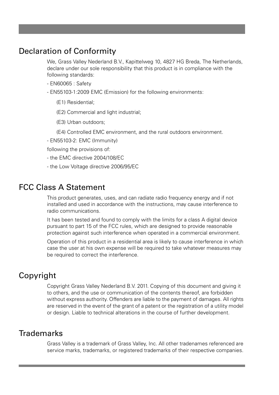 Declaration of conformity, Fcc class a statement, Copyright | Trademarks | Grass Valley LDK 4425 User Manual | Page 2 / 24