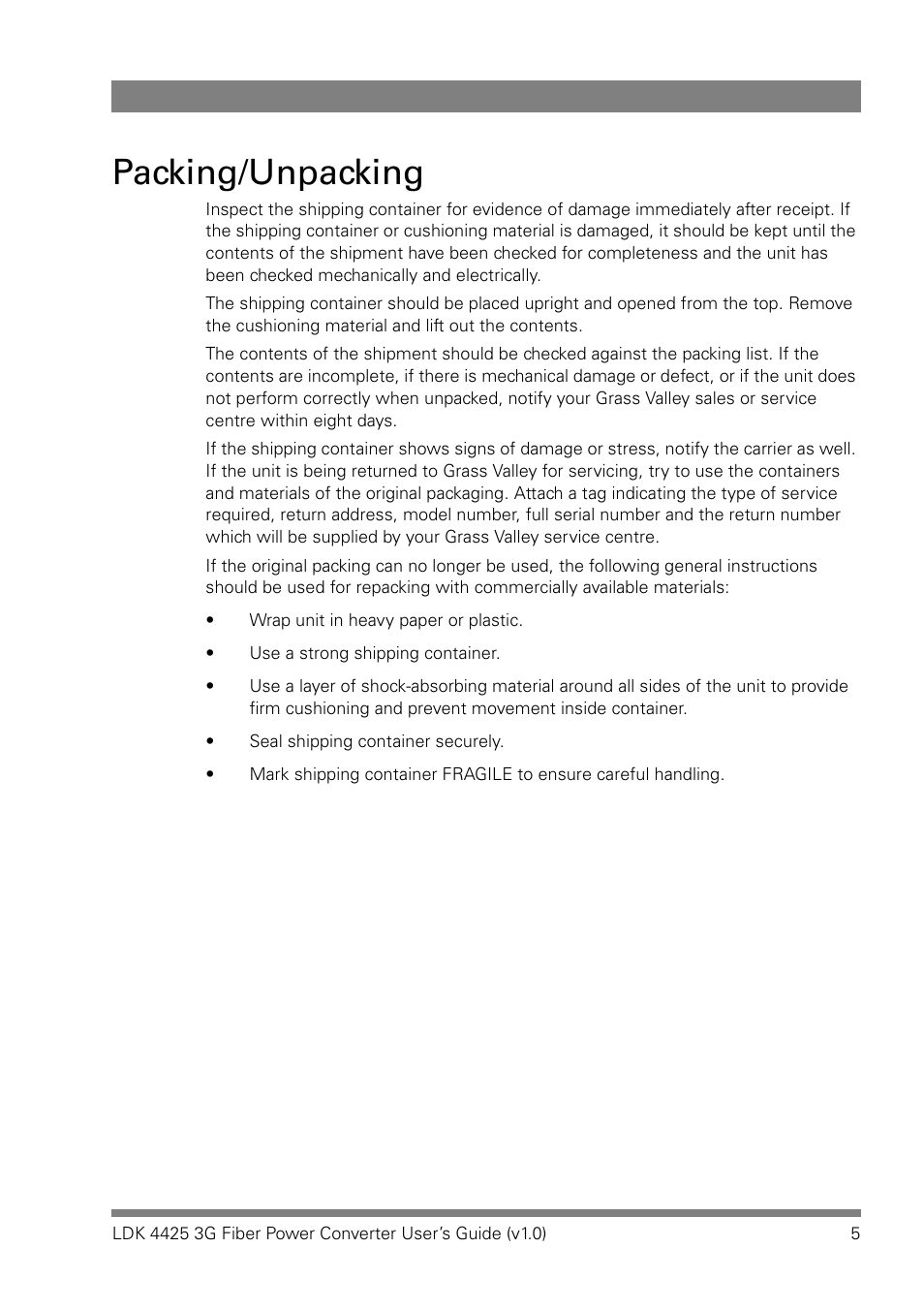 Packing/unpacking | Grass Valley LDK 4425 User Manual | Page 5 / 24