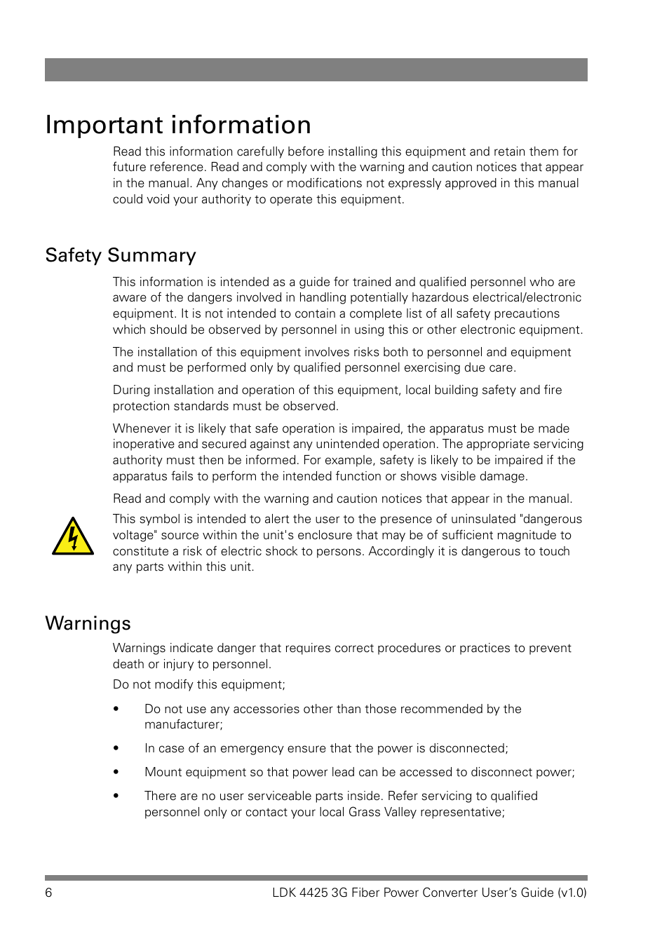 Important information, Safety summary, Warnings | Grass Valley LDK 4425 User Manual | Page 6 / 24