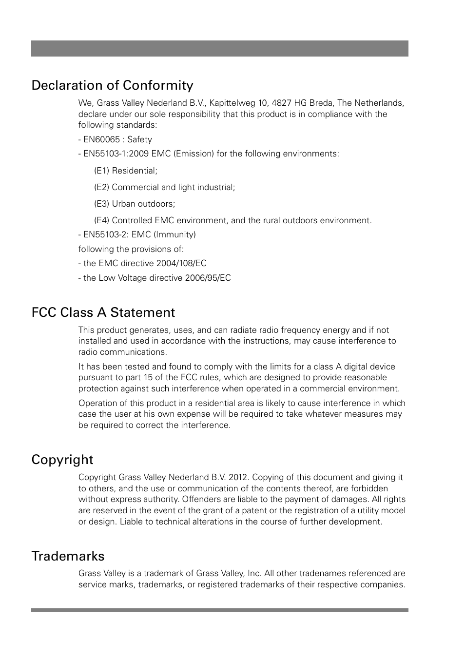 Declaration of conformity, Fcc class a statement, Copyright | Trademarks | Grass Valley LDK 4427 User Manual | Page 2 / 24