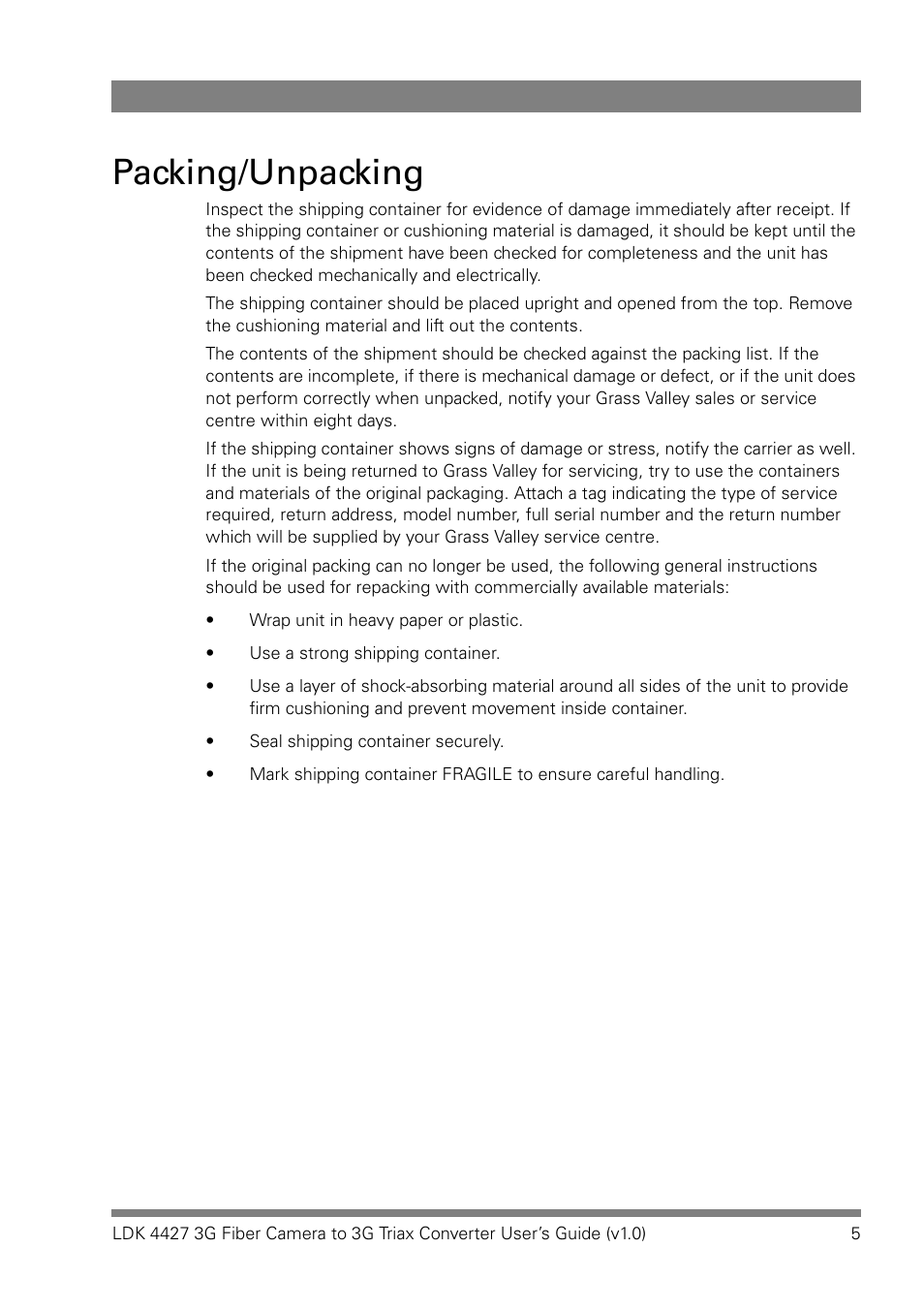 Packing/unpacking | Grass Valley LDK 4427 User Manual | Page 5 / 24