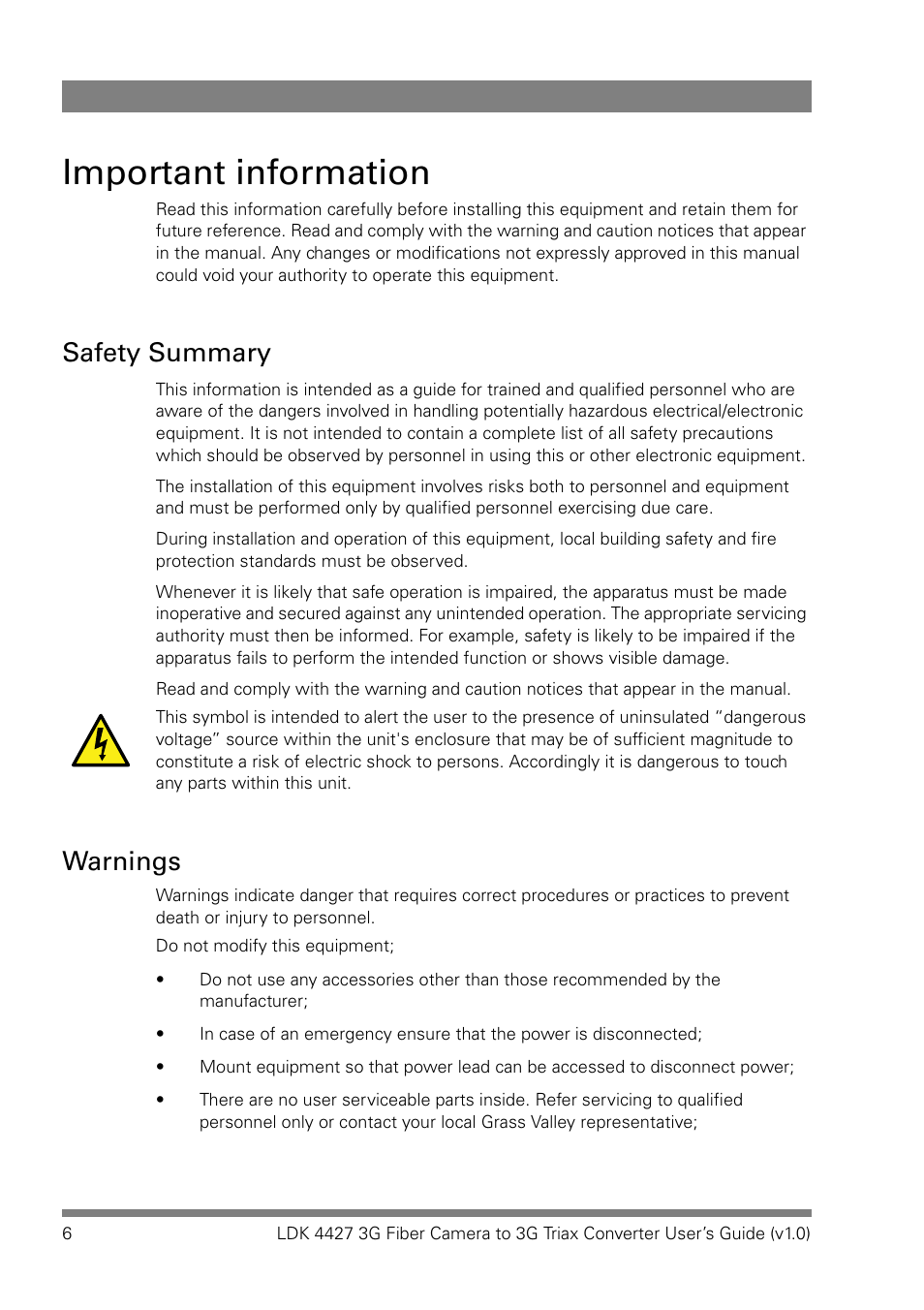 Important information, Safety summary, Warnings | Grass Valley LDK 4427 User Manual | Page 6 / 24