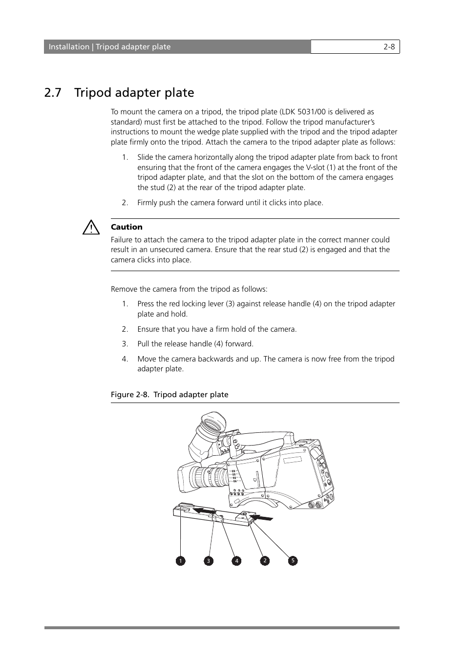 7 tripod adapter plate, Installation | tripod adapter plate 2-8 | Grass Valley LDK 500 User Manual | Page 21 / 81