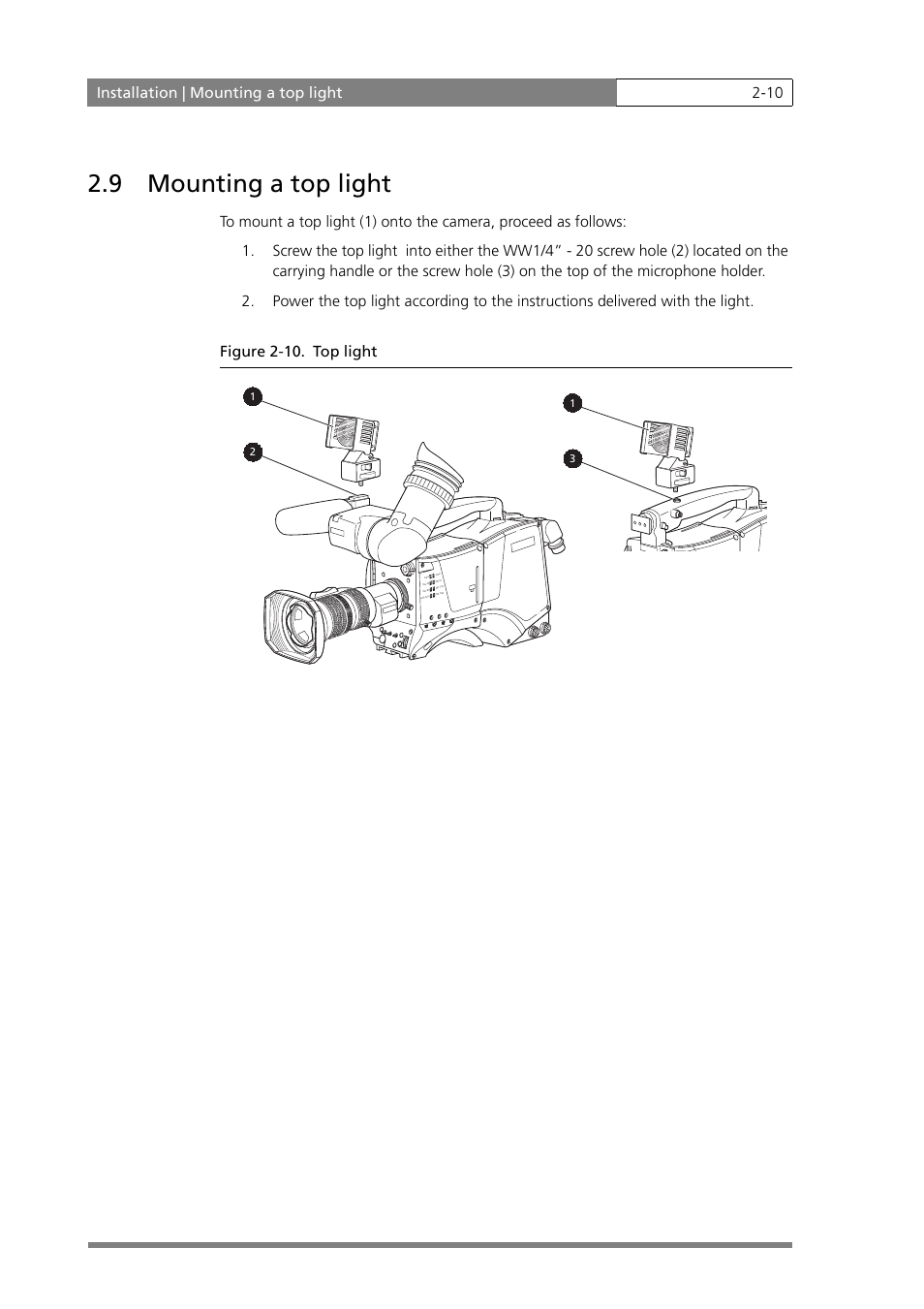 9 mounting a top light, Installation | mounting a top light 2-10 | Grass Valley LDK 500 User Manual | Page 23 / 81