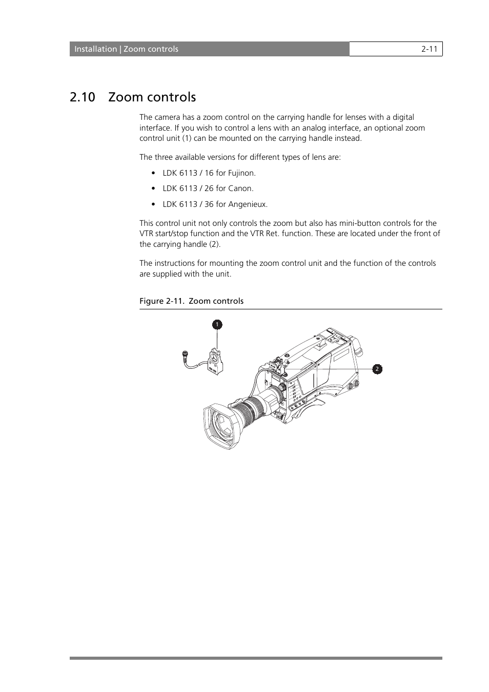 10 zoom controls, Installation | zoom controls 2-11 | Grass Valley LDK 500 User Manual | Page 24 / 81