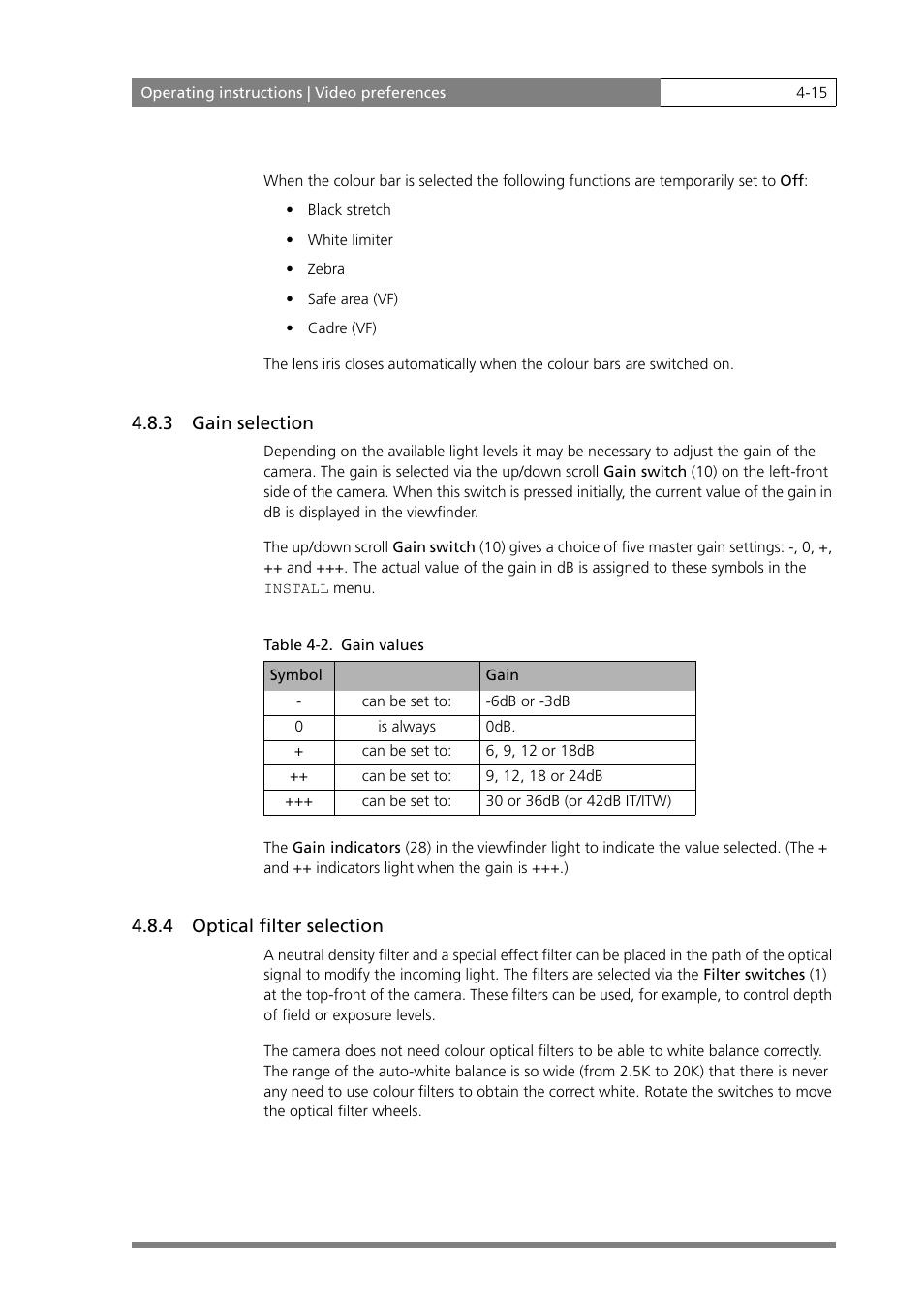 3 gain selection, 4 optical filter selection | Grass Valley LDK 500 User Manual | Page 54 / 81