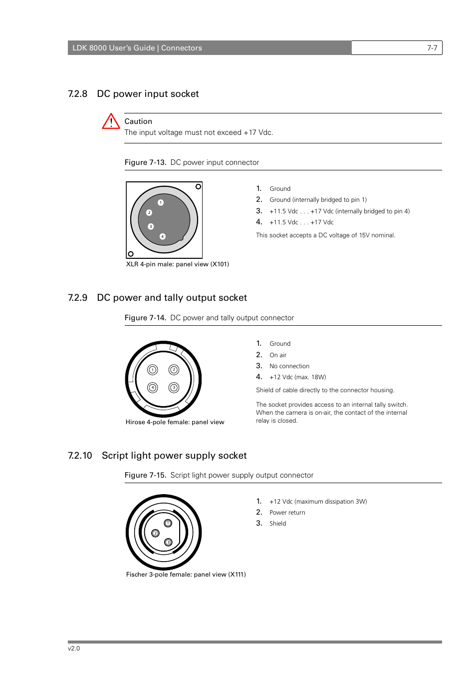 8 dc power input socket, 9 dc power and tally output socket, 10 script light power supply socket | Grass Valley LDK 8000 v.2.0 User Manual | Page 103 / 110