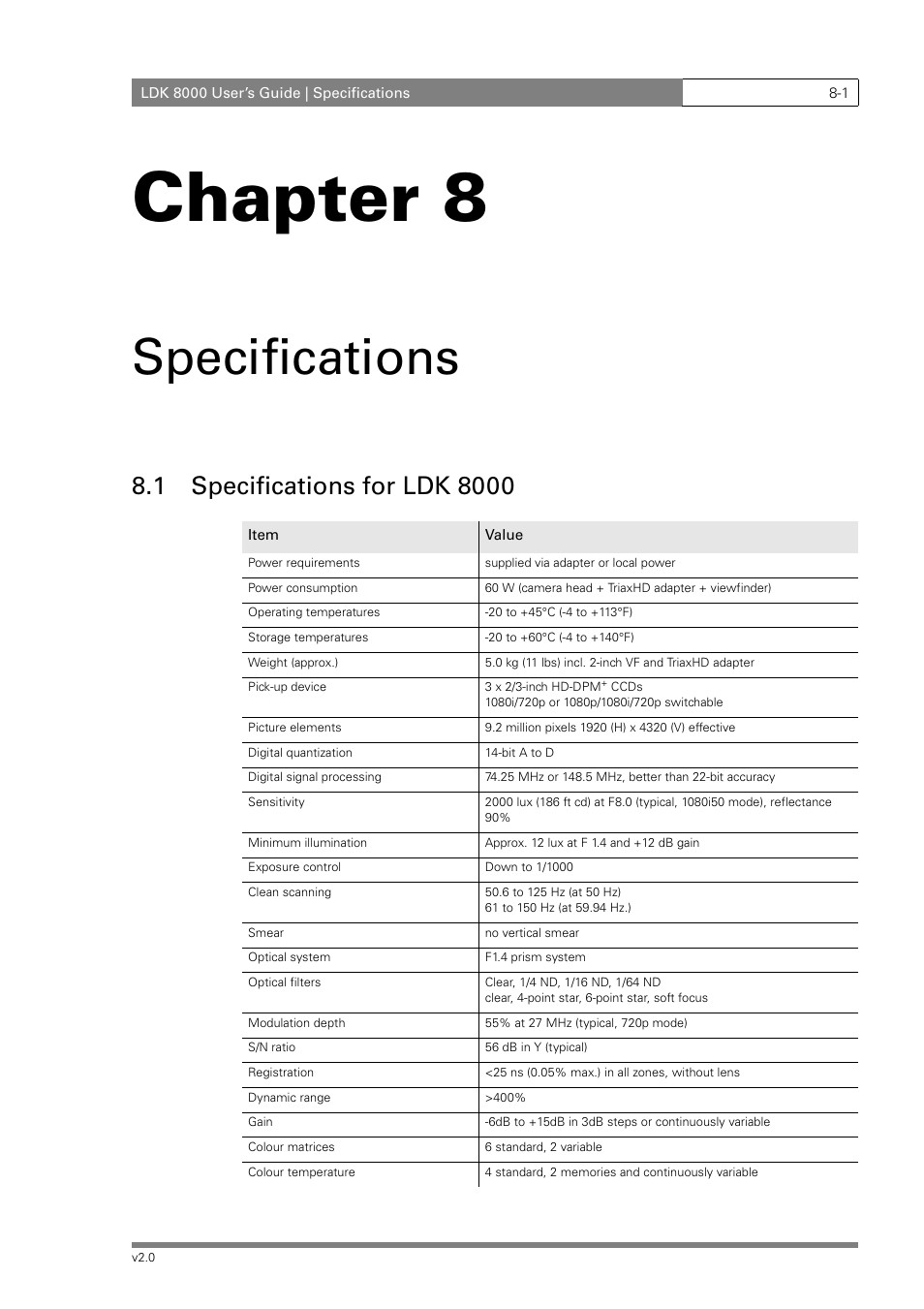 Chapter 8, Specifications | Grass Valley LDK 8000 v.2.0 User Manual | Page 107 / 110
