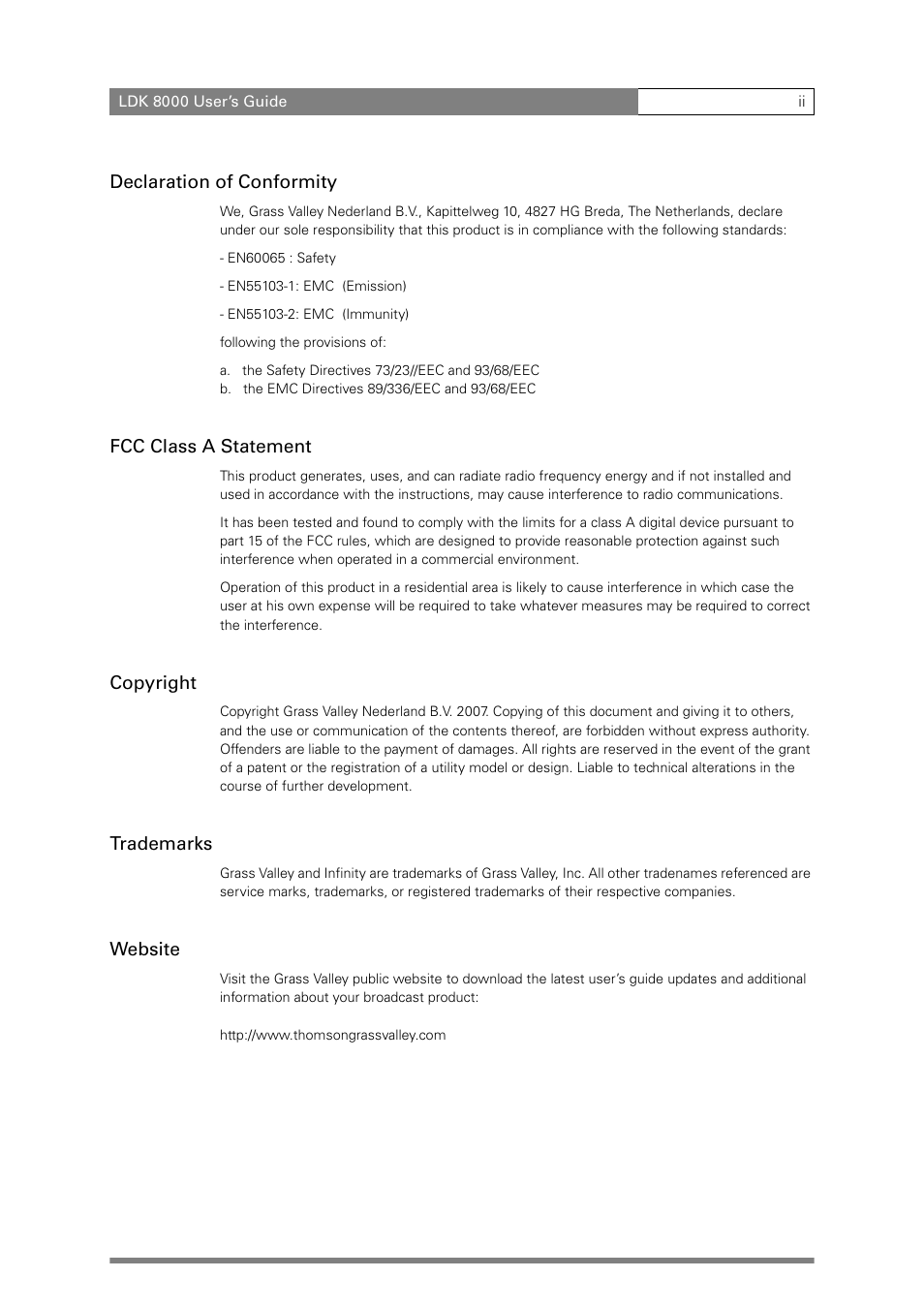 Declaration of conformity, Fcc class a statement, Copyright | Trademarks, Website | Grass Valley LDK 8000 v.2.0 User Manual | Page 2 / 110