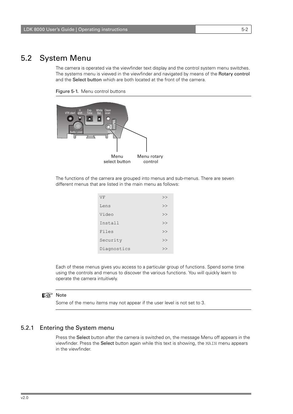2 system menu, 1 entering the system menu | Grass Valley LDK 8000 v.2.0 User Manual | Page 42 / 110