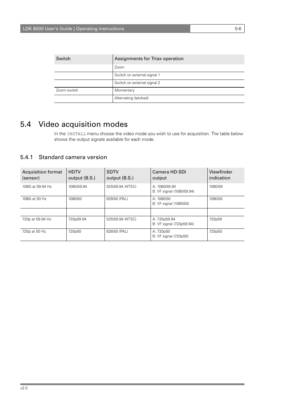 4 video acquisition modes, 1 standard camera version | Grass Valley LDK 8000 v.2.0 User Manual | Page 46 / 110
