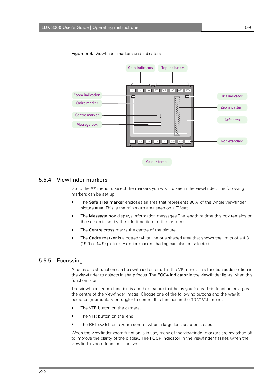4 viewfinder markers, 5 focussing | Grass Valley LDK 8000 v.2.0 User Manual | Page 49 / 110