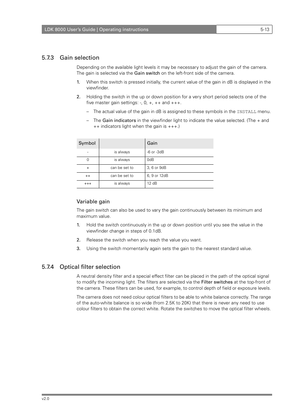 3 gain selection, 4 optical filter selection | Grass Valley LDK 8000 v.2.0 User Manual | Page 53 / 110