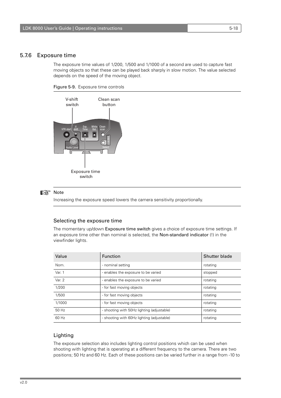 6 exposure time, Selecting the exposure time, Lighting | Grass Valley LDK 8000 v.2.0 User Manual | Page 58 / 110
