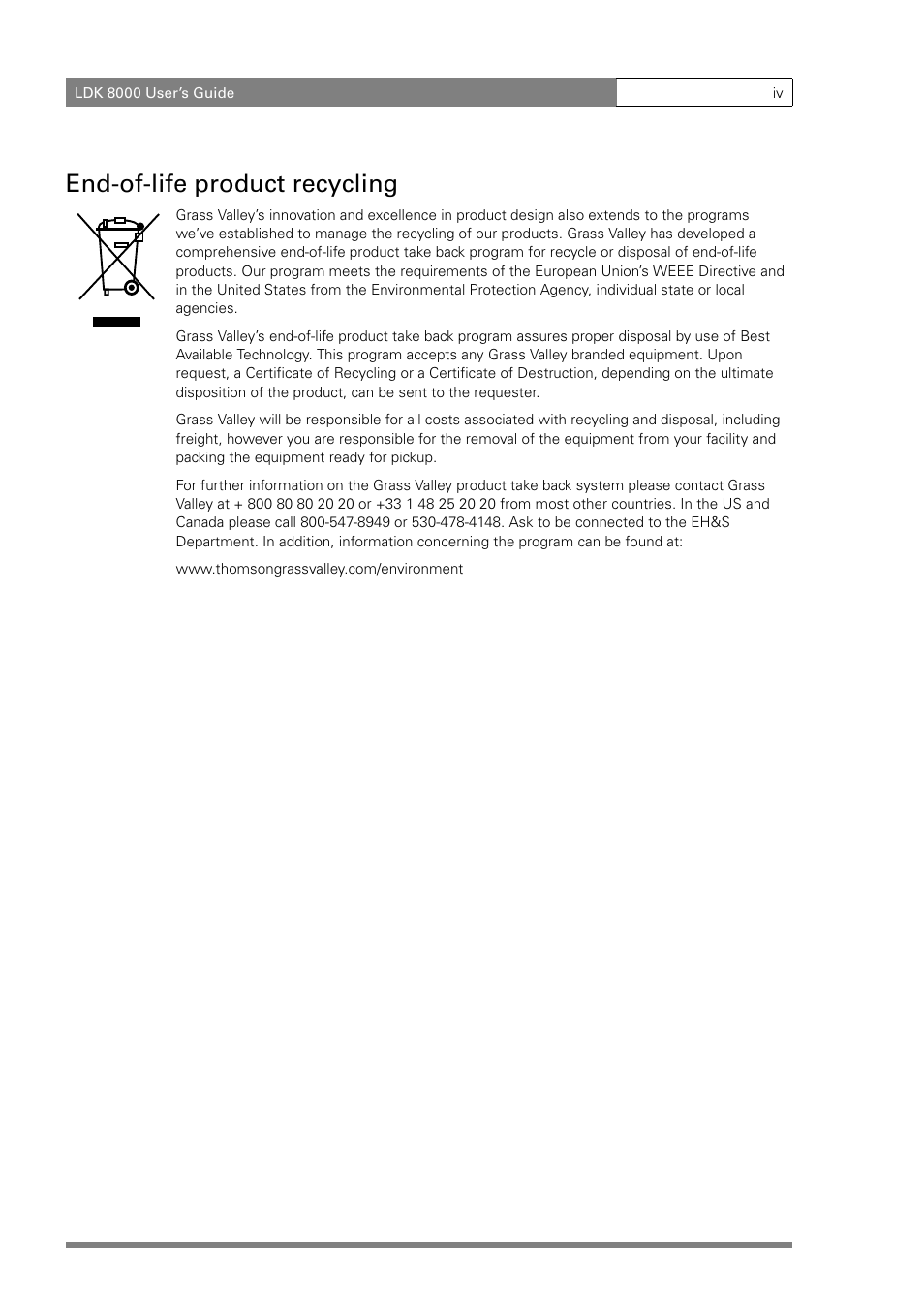 End-of-life product recycling | Grass Valley LDK 8000 v.2.0 User Manual | Page 6 / 110