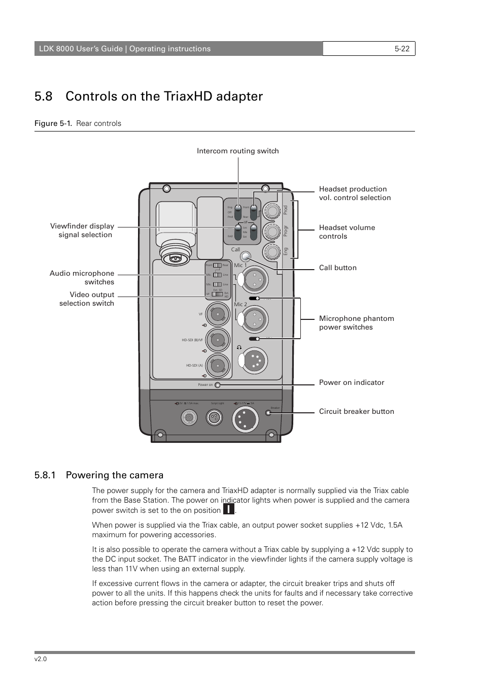 8 controls on the triaxhd adapter, 1 powering the camera, Figure 5-1. rear controls | Grass Valley LDK 8000 v.2.0 User Manual | Page 62 / 110