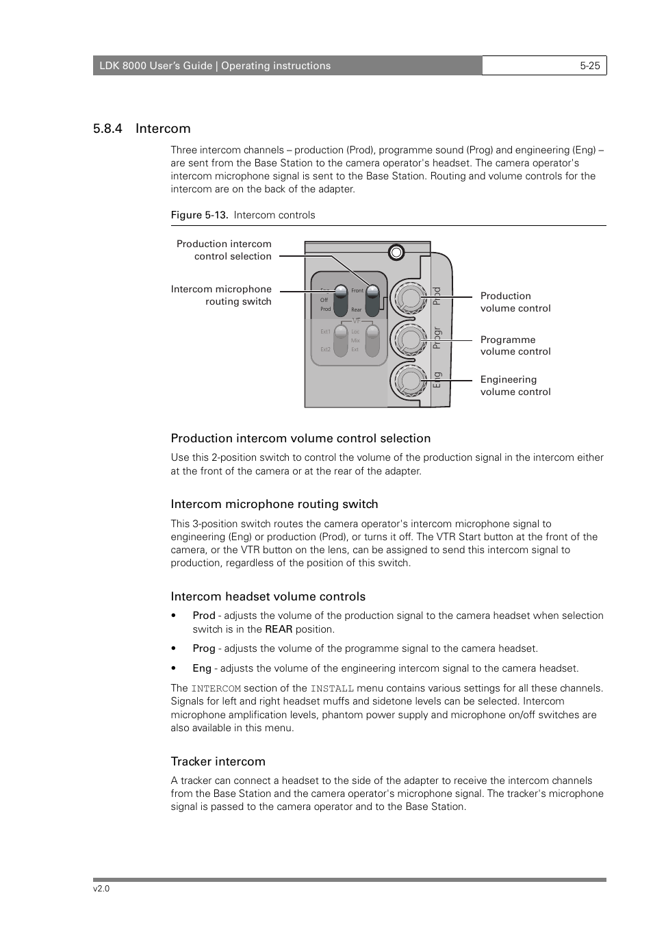 4 intercom, Production intercom volume control selection, Intercom microphone routing switch | Intercom headset volume controls, Tracker intercom | Grass Valley LDK 8000 v.2.0 User Manual | Page 65 / 110