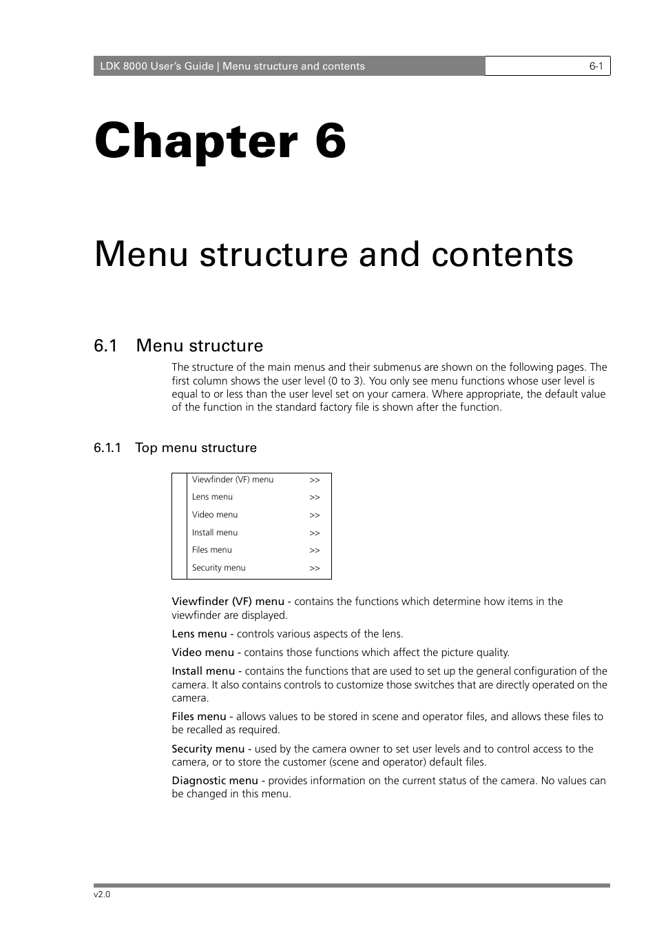 Chapter 6, Menu structure and contents, 1 menu structure | Grass Valley LDK 8000 v.2.0 User Manual | Page 73 / 110