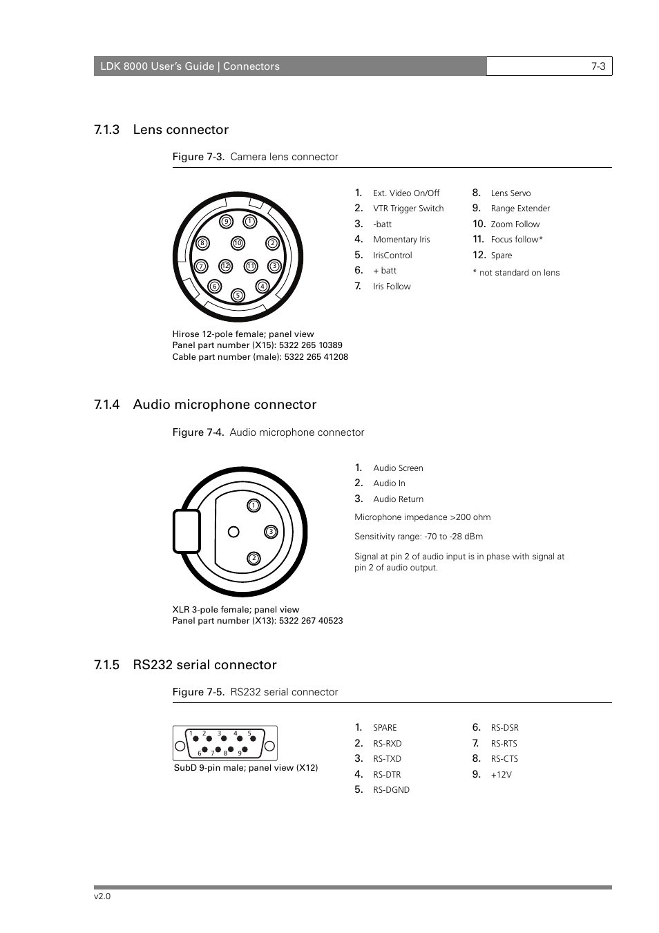 3 lens connector, 4 audio microphone connector, 5 rs232 serial connector | Grass Valley LDK 8000 v.2.0 User Manual | Page 99 / 110