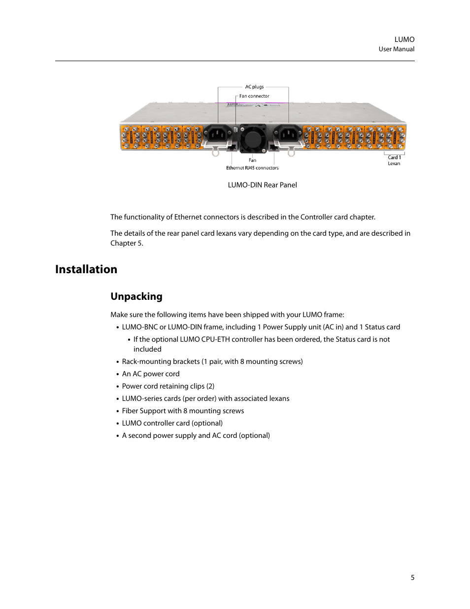 Installation, Unpacking | Grass Valley LUMO Series User Manual | Page 13 / 66