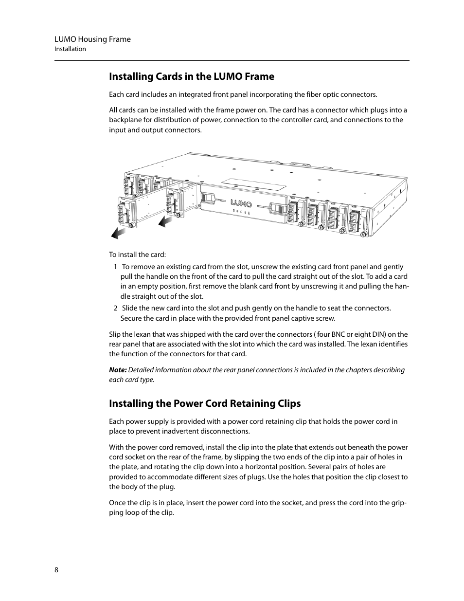 Installing cards in the lumo frame, Installing the power cord retaining clips | Grass Valley LUMO Series User Manual | Page 16 / 66