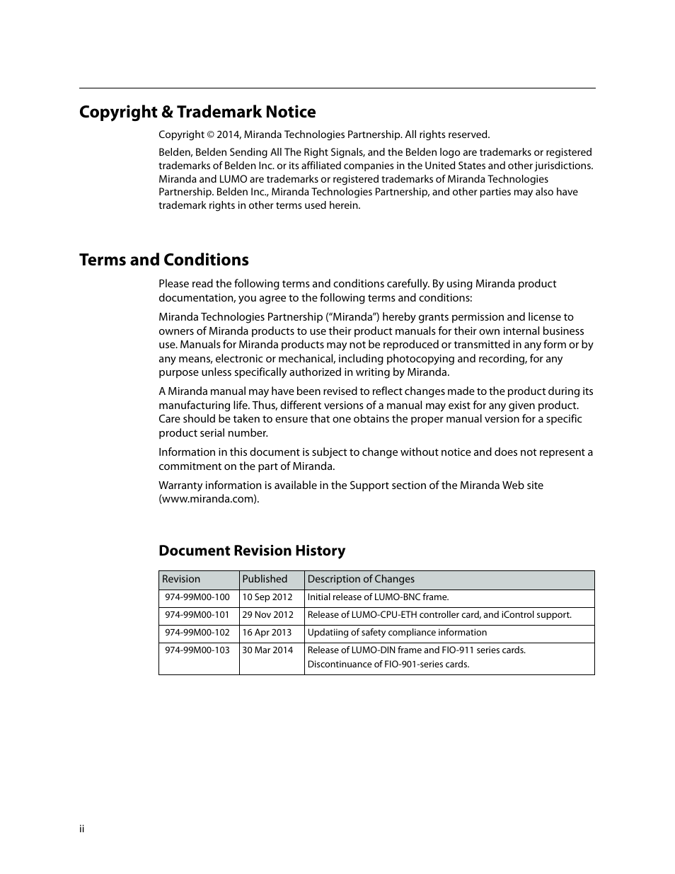 Copyright & trademark notice, Terms and conditions, Document revision history | Grass Valley LUMO Series User Manual | Page 2 / 66