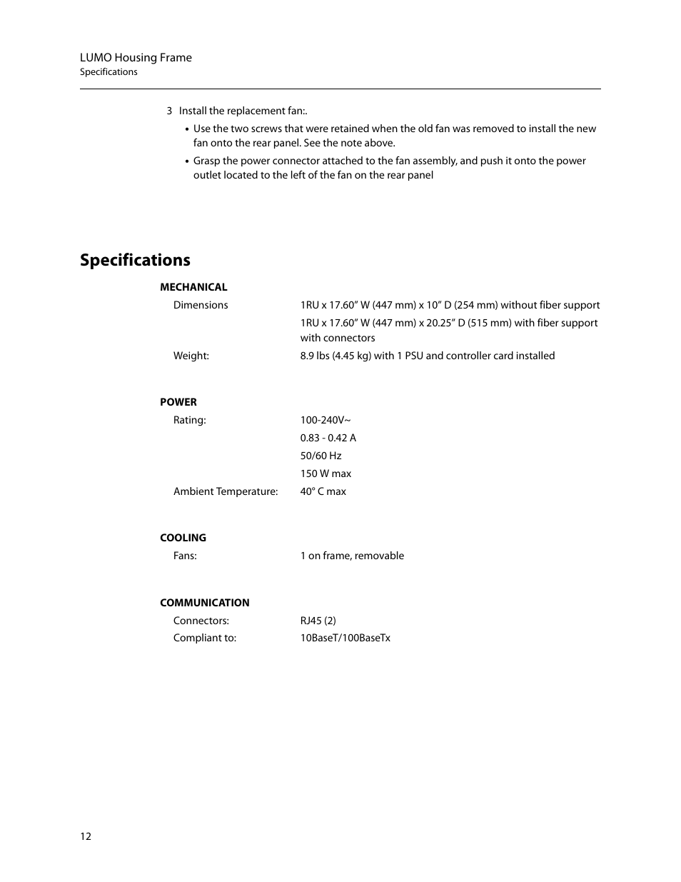 Specifications | Grass Valley LUMO Series User Manual | Page 20 / 66