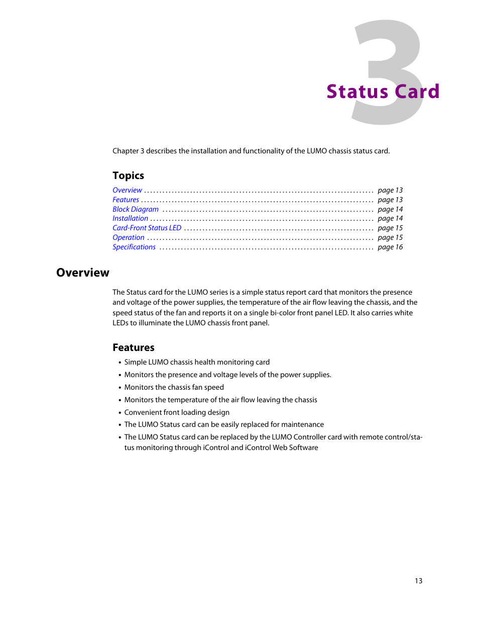 Status card, Overview, 3 status card | Topics, Features | Grass Valley LUMO Series User Manual | Page 21 / 66