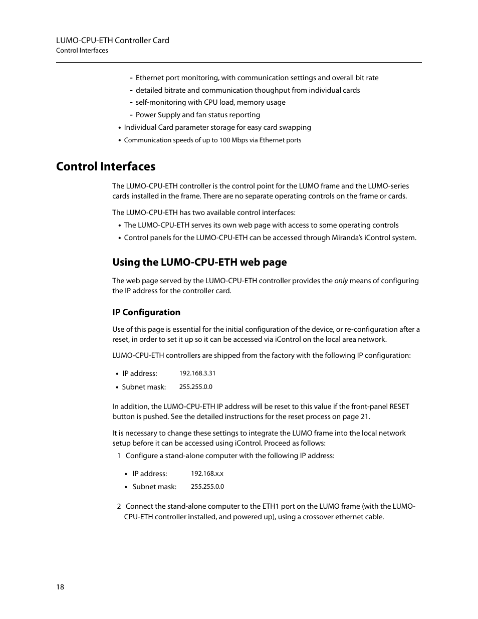 Control interfaces, Ip configuration, Using the lumo-cpu-eth web page | Grass Valley LUMO Series User Manual | Page 26 / 66