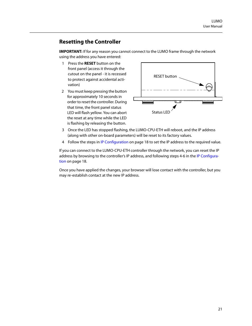 Resetting the controller | Grass Valley LUMO Series User Manual | Page 29 / 66