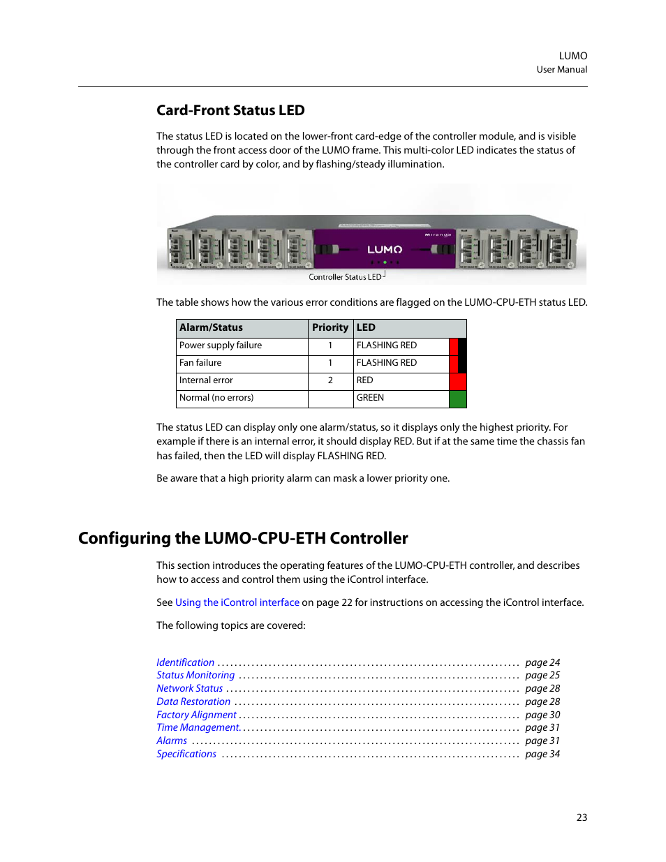 Card-front status led, Configuring the lumo-cpu-eth controller | Grass Valley LUMO Series User Manual | Page 31 / 66