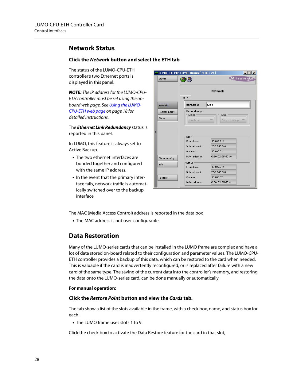 Network status, Data restoration | Grass Valley LUMO Series User Manual | Page 36 / 66