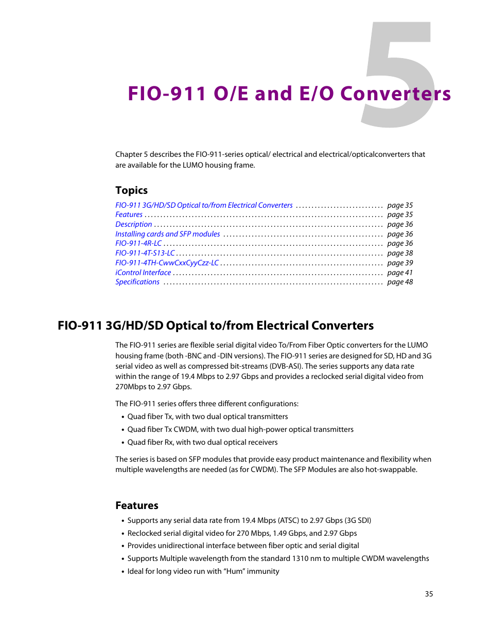 Fio-911 o/e and e/o converters, 5 fio-911 o/e and e/o converters, Topics | Features | Grass Valley LUMO Series User Manual | Page 43 / 66