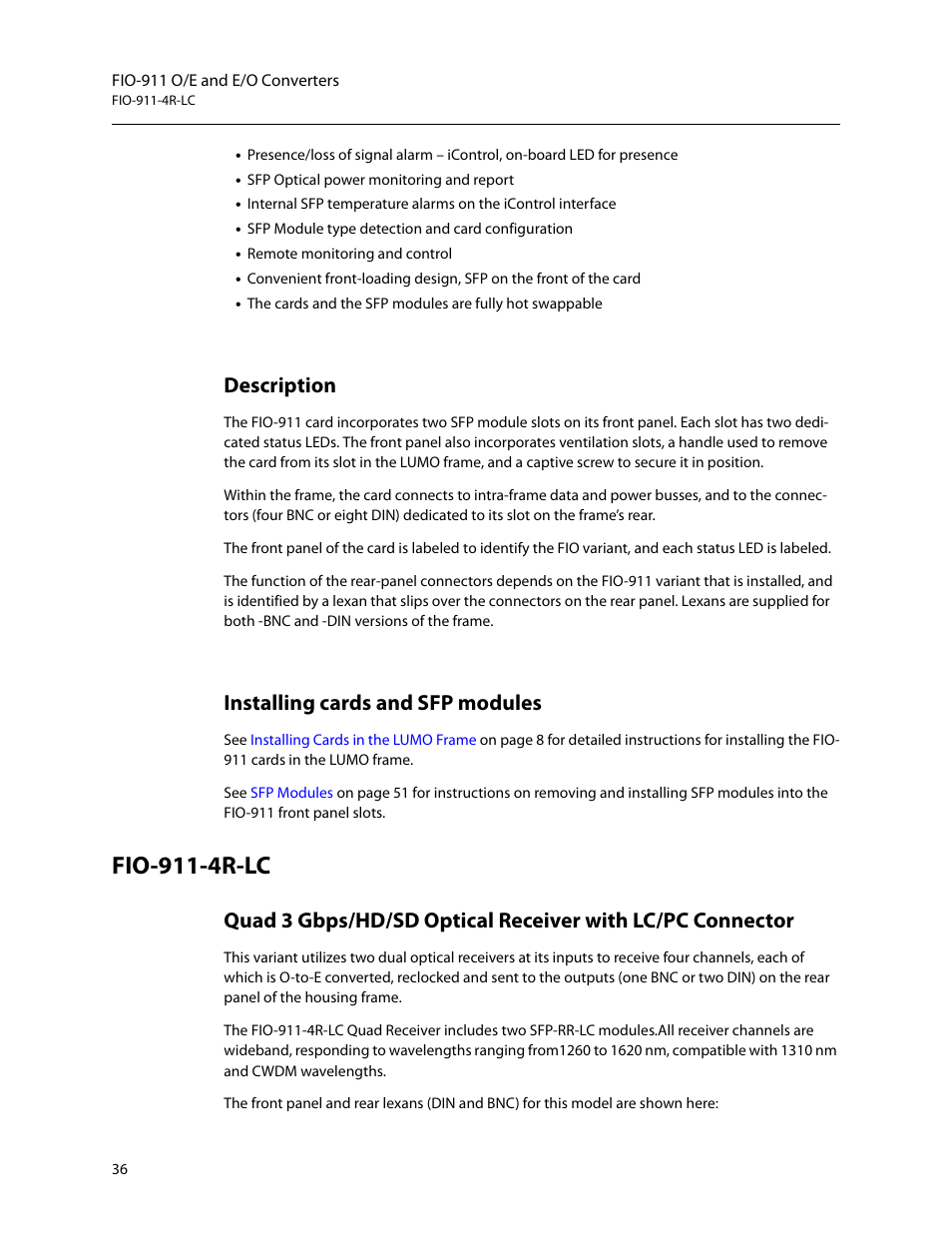 Fio-911-4r-lc, Description, Installing cards and sfp modules | Grass Valley LUMO Series User Manual | Page 44 / 66