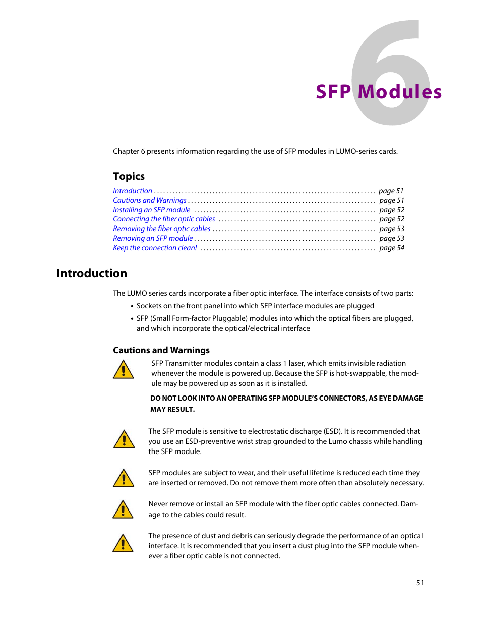 Sfp modules, Introduction, 6 sfp modules | Topics | Grass Valley LUMO Series User Manual | Page 59 / 66