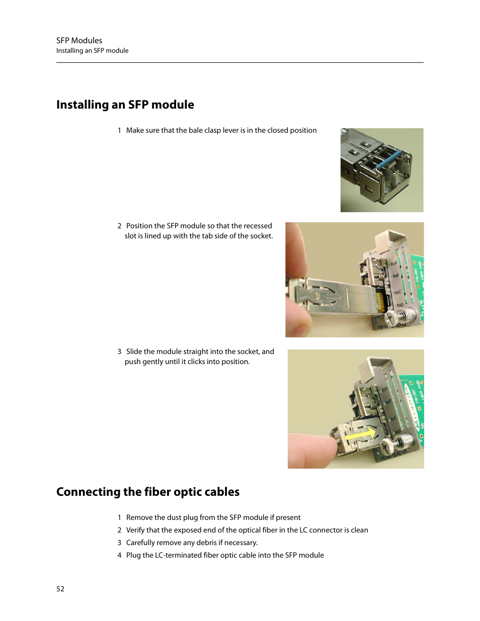 Installing an sfp module, Connecting the fiber optic cables | Grass Valley LUMO Series User Manual | Page 60 / 66