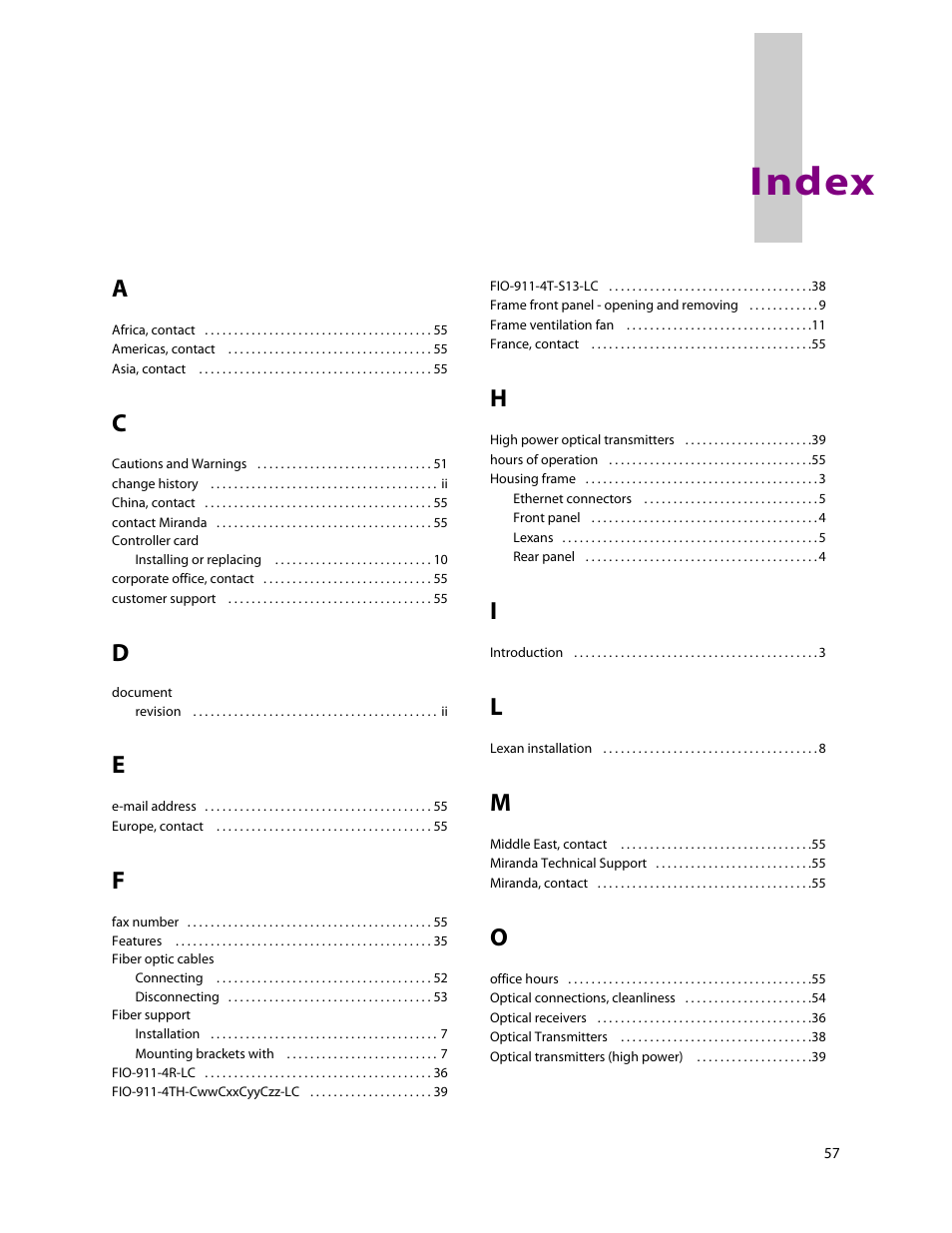 Index | Grass Valley LUMO Series User Manual | Page 65 / 66