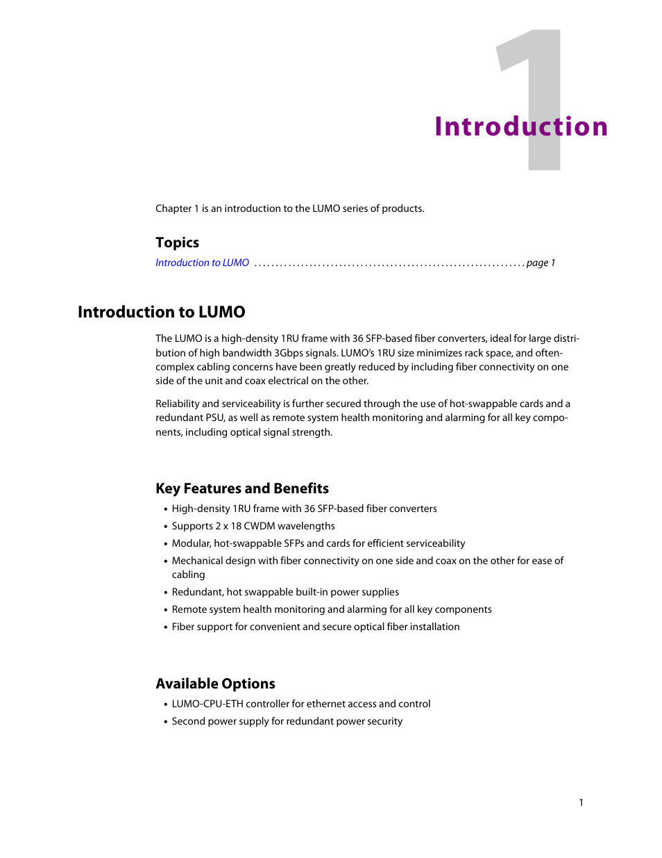 Introduction, Introduction to lumo, 1 introduction | Topics, Key features and benefits, Available options | Grass Valley LUMO Series User Manual | Page 9 / 66