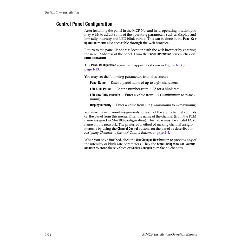 Control panel configuration | Grass Valley M-2100 User Manual | Page 20 / 84