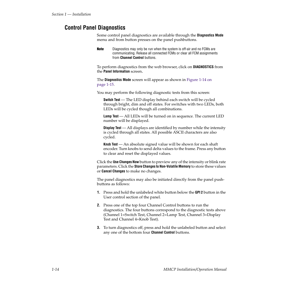 Control panel diagnostics | Grass Valley M-2100 User Manual | Page 22 / 84