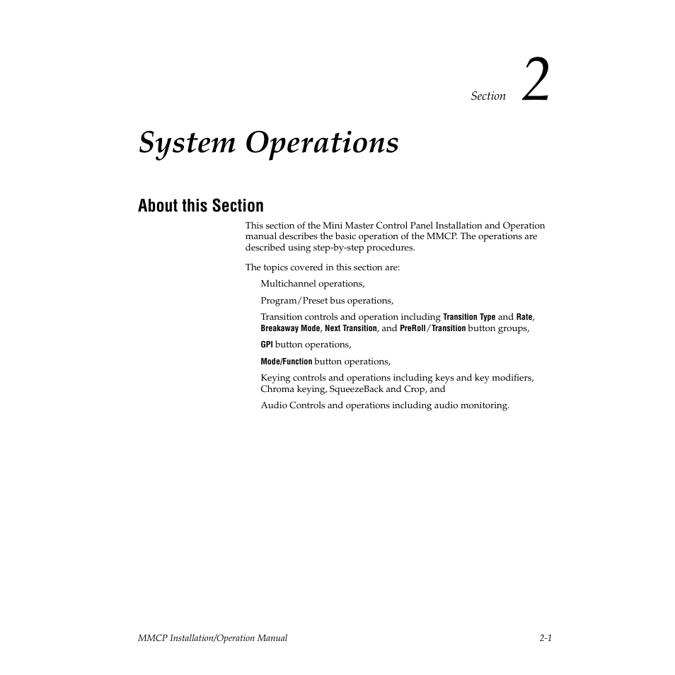 System operations, About this section, Section 2 — system operations | Grass Valley M-2100 User Manual | Page 25 / 84
