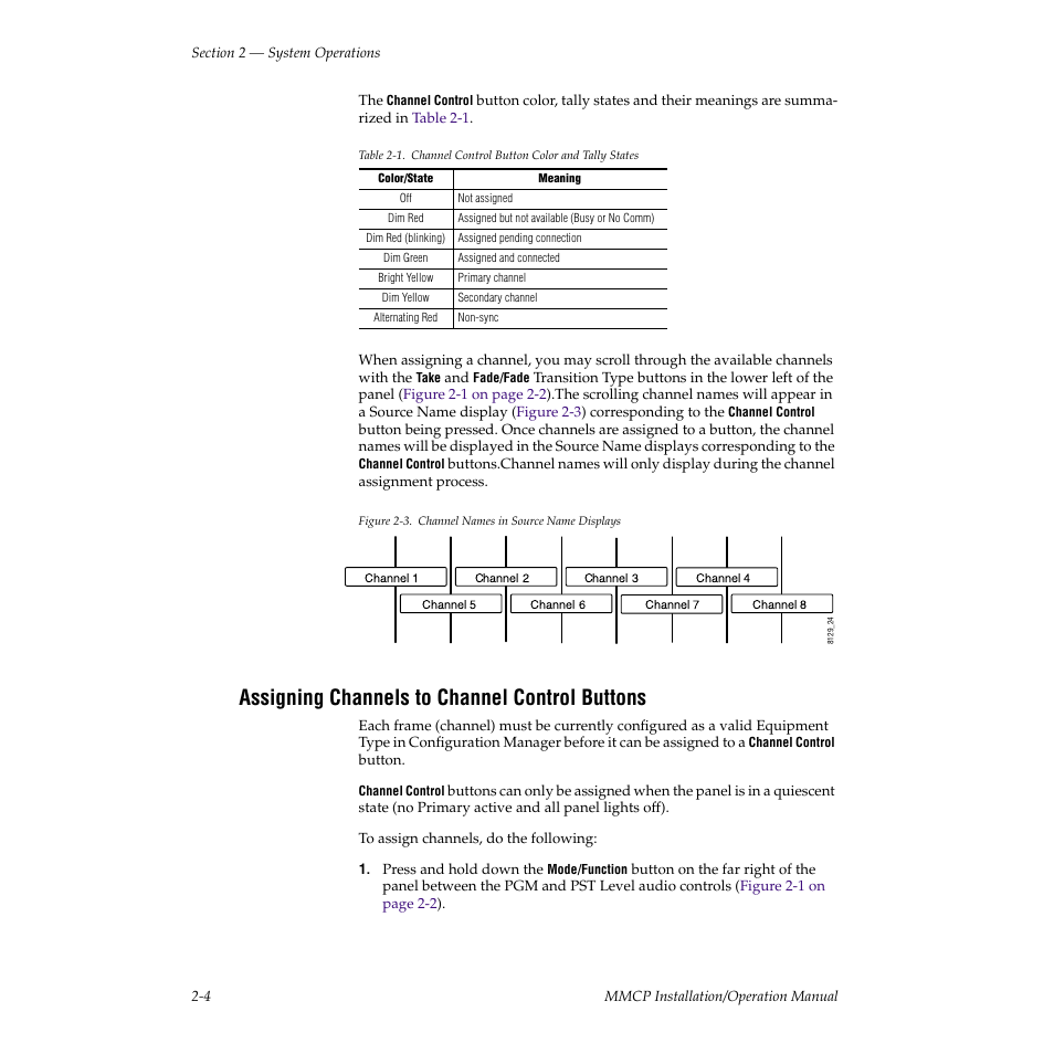 Assigning channels to channel control buttons, Nected channel (see | Grass Valley M-2100 User Manual | Page 28 / 84