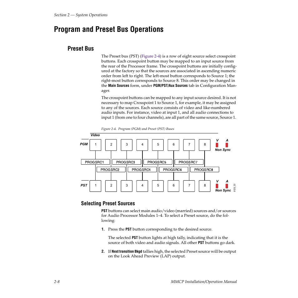 Program and preset bus operations, Preset bus, Selecting preset sources | Grass Valley M-2100 User Manual | Page 32 / 84