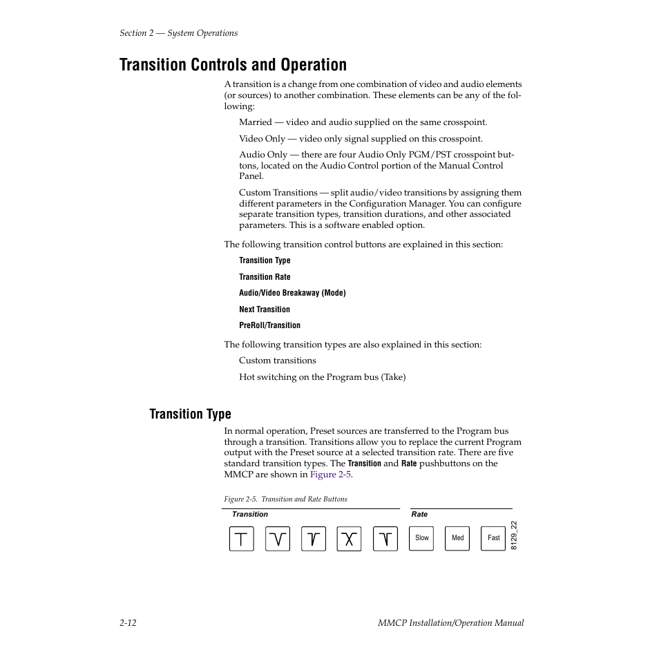 Transition controls and operation, Transition type | Grass Valley M-2100 User Manual | Page 36 / 84