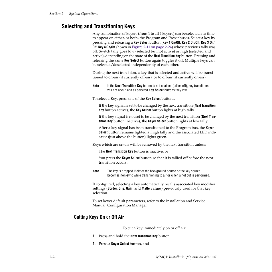 Selecting and transitioning keys, Cutting keys on or off air, If a key-cut occurs, r | Grass Valley M-2100 User Manual | Page 50 / 84